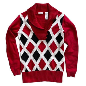 Liz & Co Shawl Collar Red Argyle Sweater M